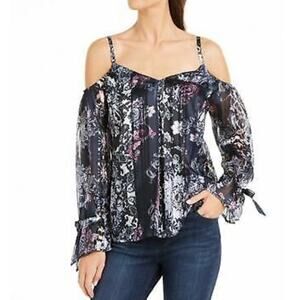 NWT INC cold shoulder black floral bell sleeve top shirt blouse  XS